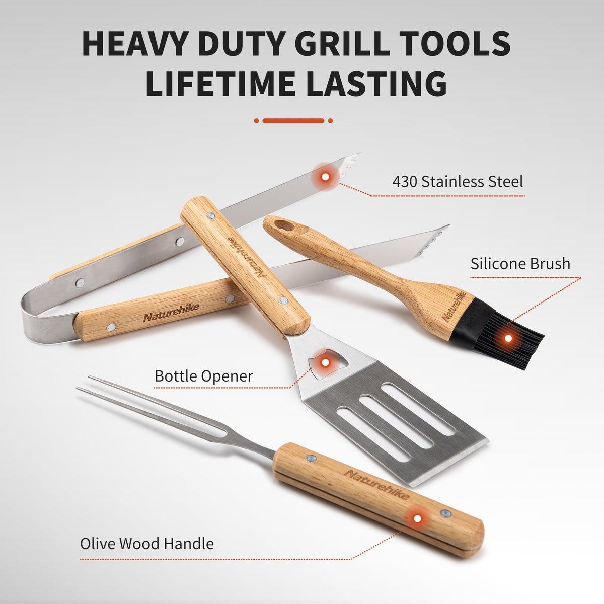 Naturehike Grill Tools Set, Stainless Steel Barbecue Utensils Set with Olive Woo