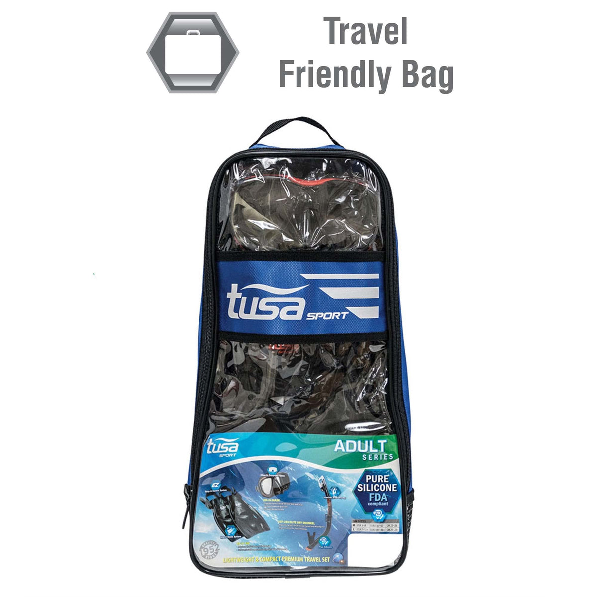 TUSA Sport Adult Powerview Mask, Dry Snorkel, and Fins Travel Set, Large, Black/