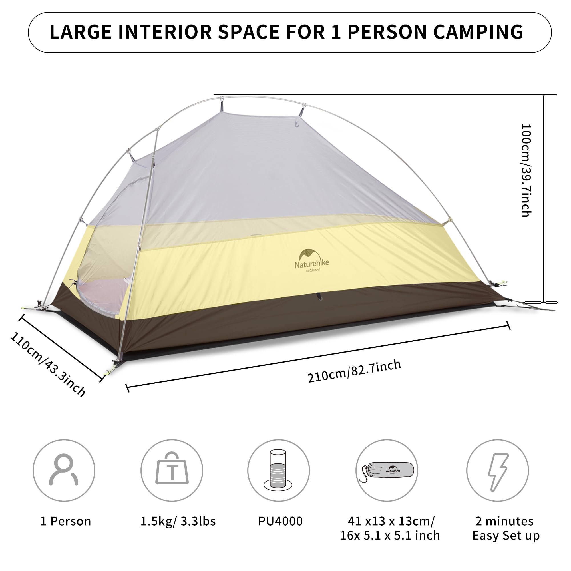 Naturehike Cloud-Up 1 Person Tent Lightweight Backpacking Tent for One Man, Wate