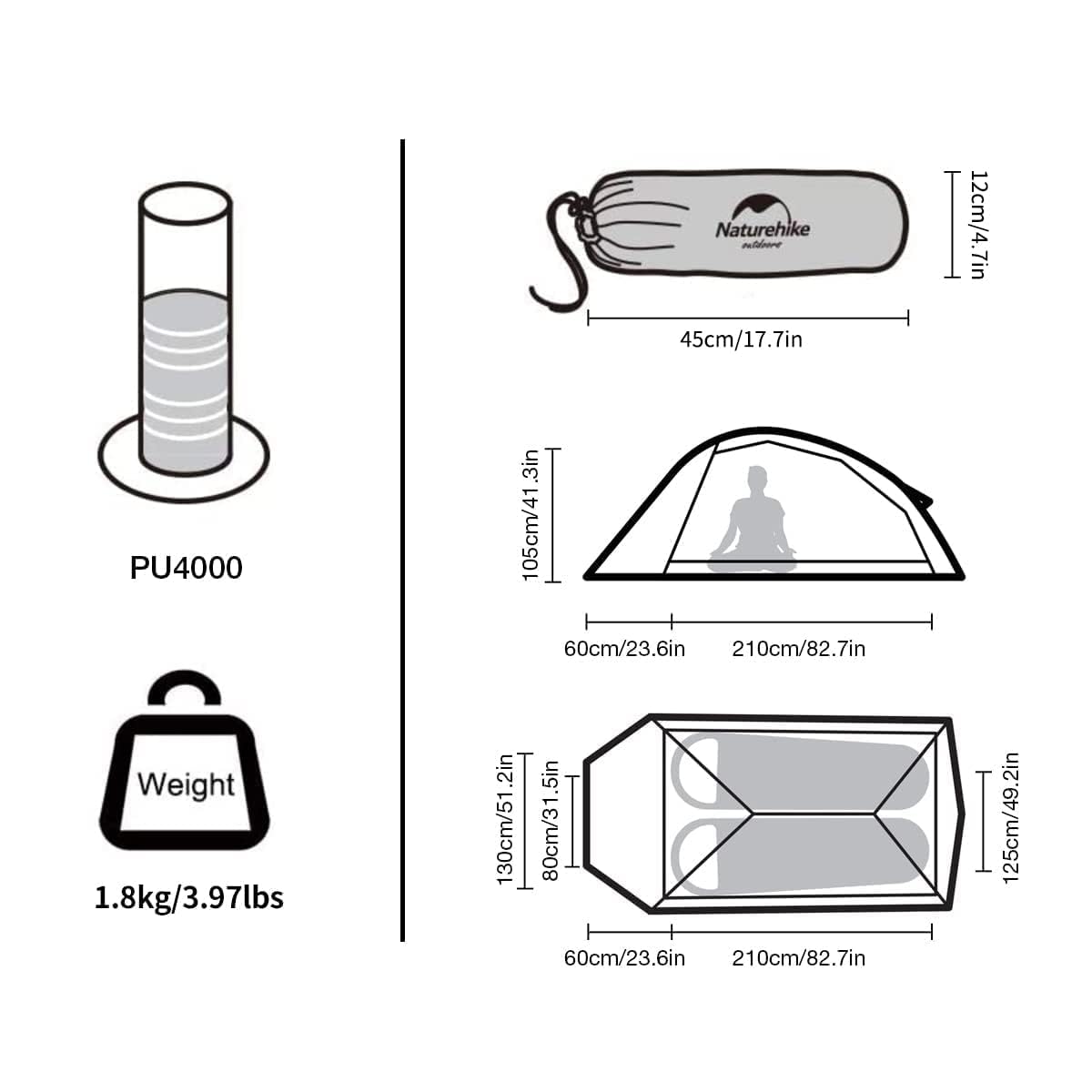 Naturehike Cloud Up Free Standing 2 Person Backpacking Tent Ultralight Nylon Dou