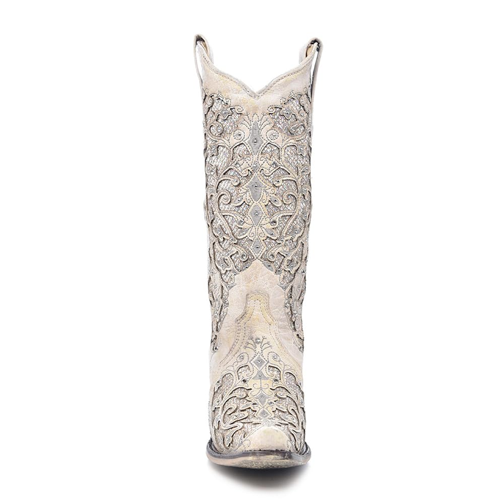 Corral Women's 14-inch Off White Glitter Inlay & Crystals Snip Toe Pull-On Cowbo