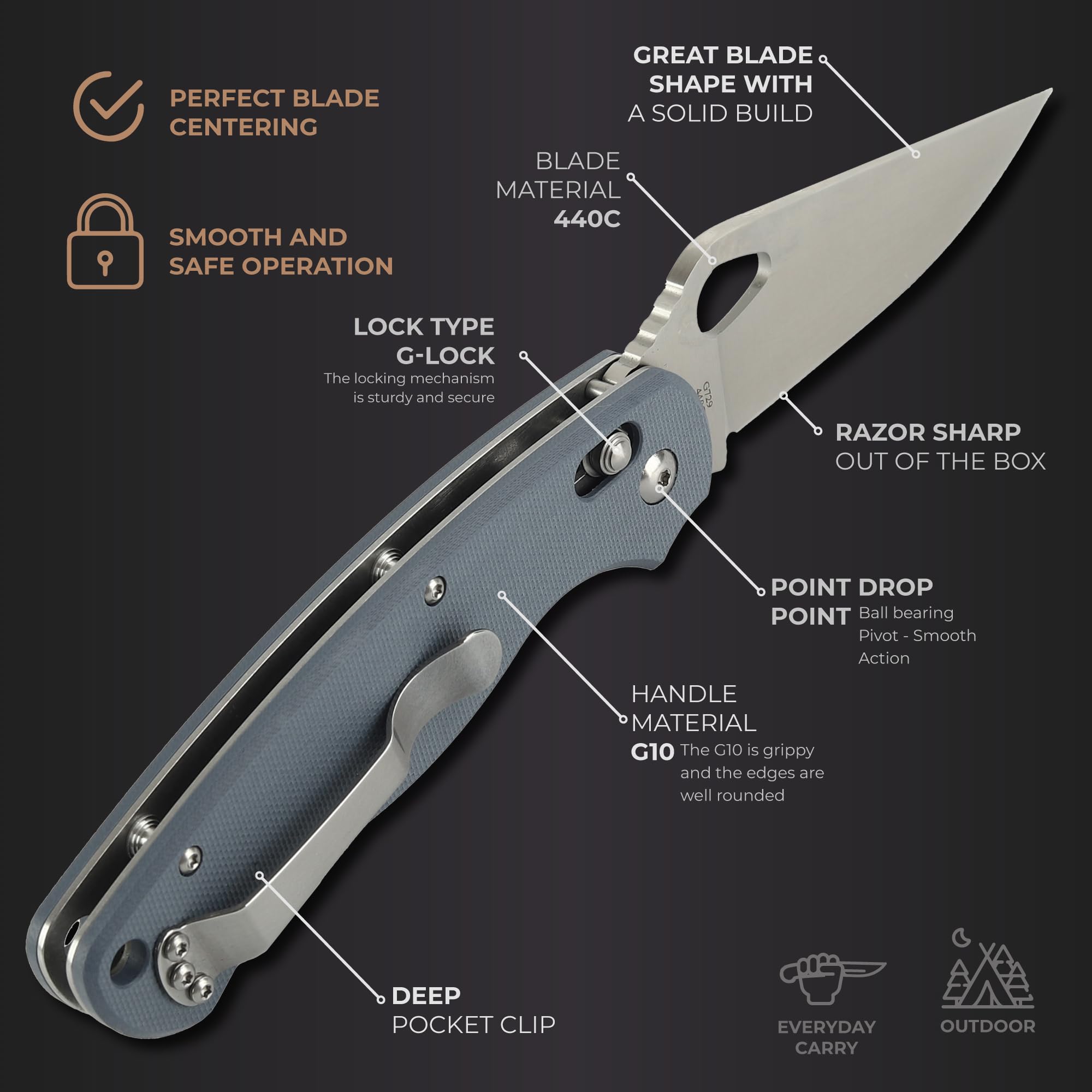 Ganzo G729-GY Folding Pocket Knife 440C Stainless Steel Blade G10
