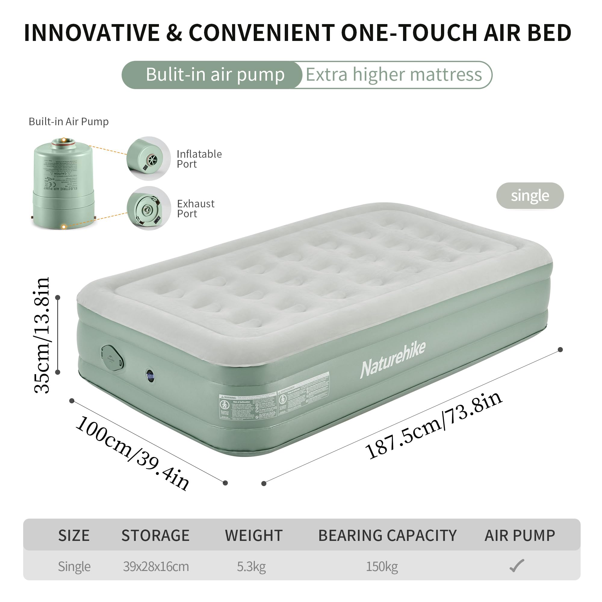 Naturehike Raised Twin Size Air Mattress, Camping Inflatable Bed with Built-in E
