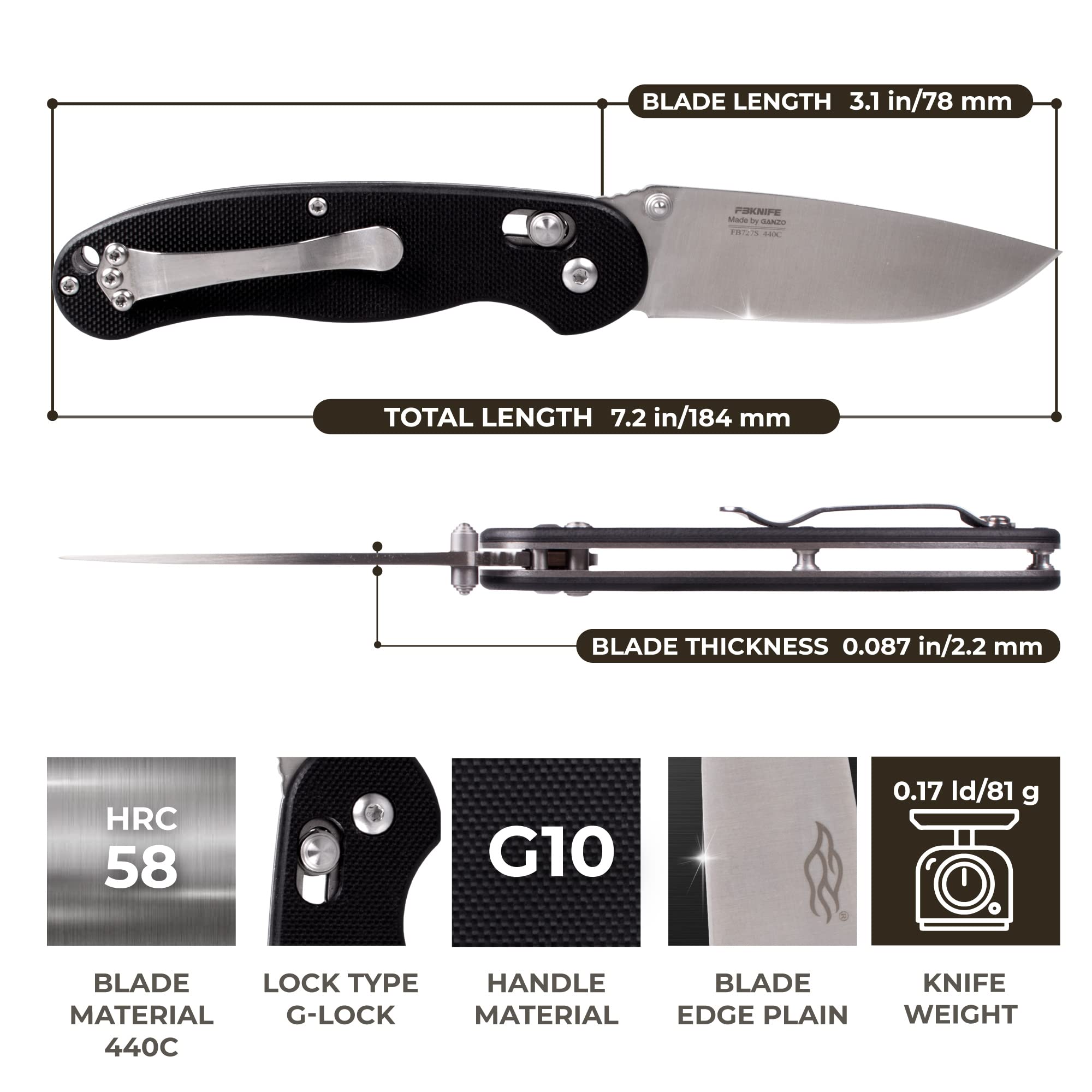Firebird GANZO FB727S-BK Folding Pocket Knife 440C Stainless