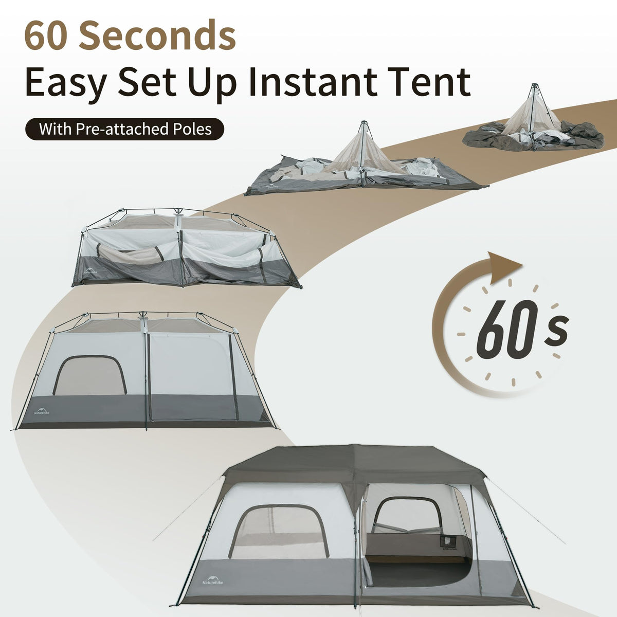 Naturehike 6-8 Person Camping Tent, Easy Set up Instant Tents for Camping, Large