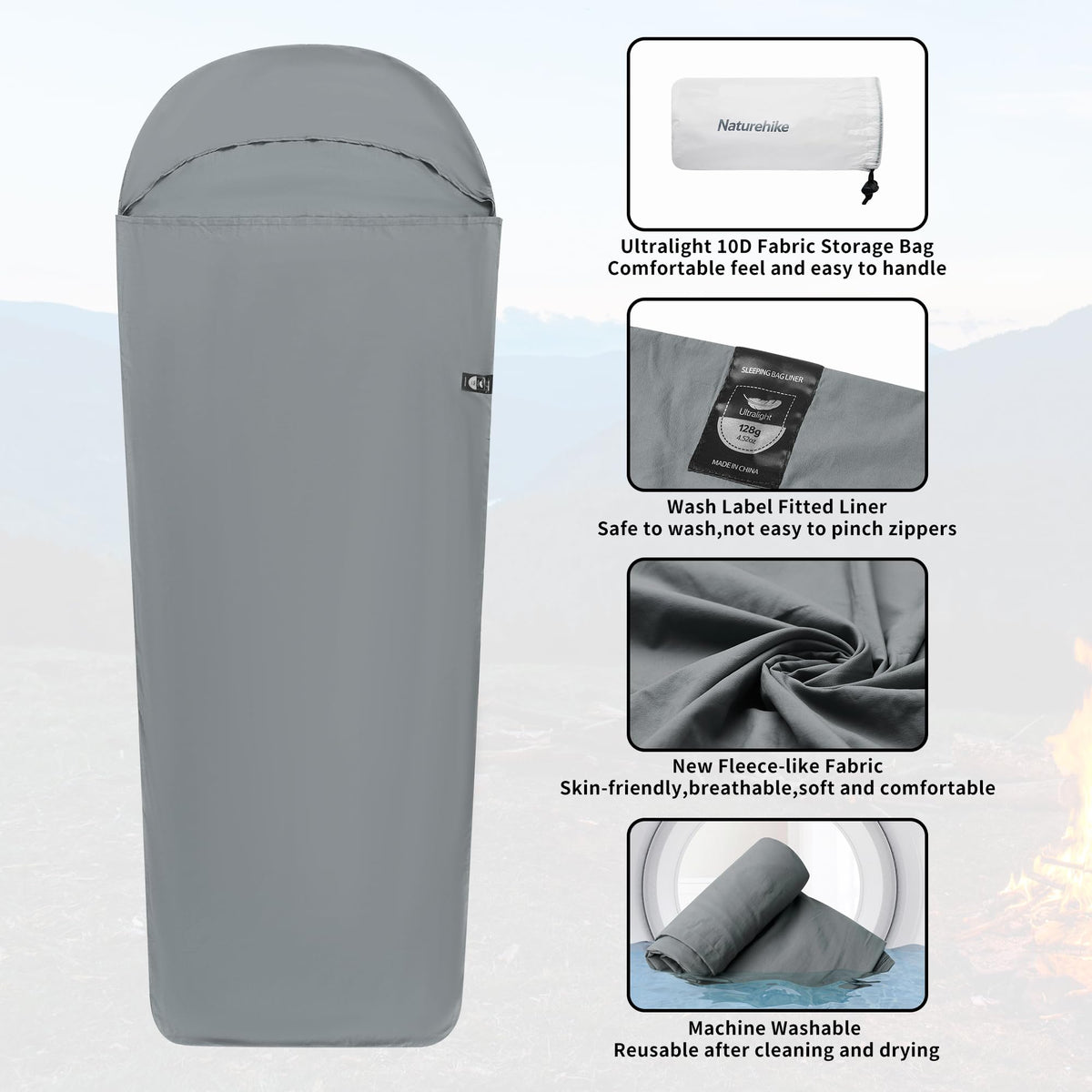 Naturehike 4.5oz Ultralight Washable Sleeping Bag Liner, Lightweight Adult Sleep