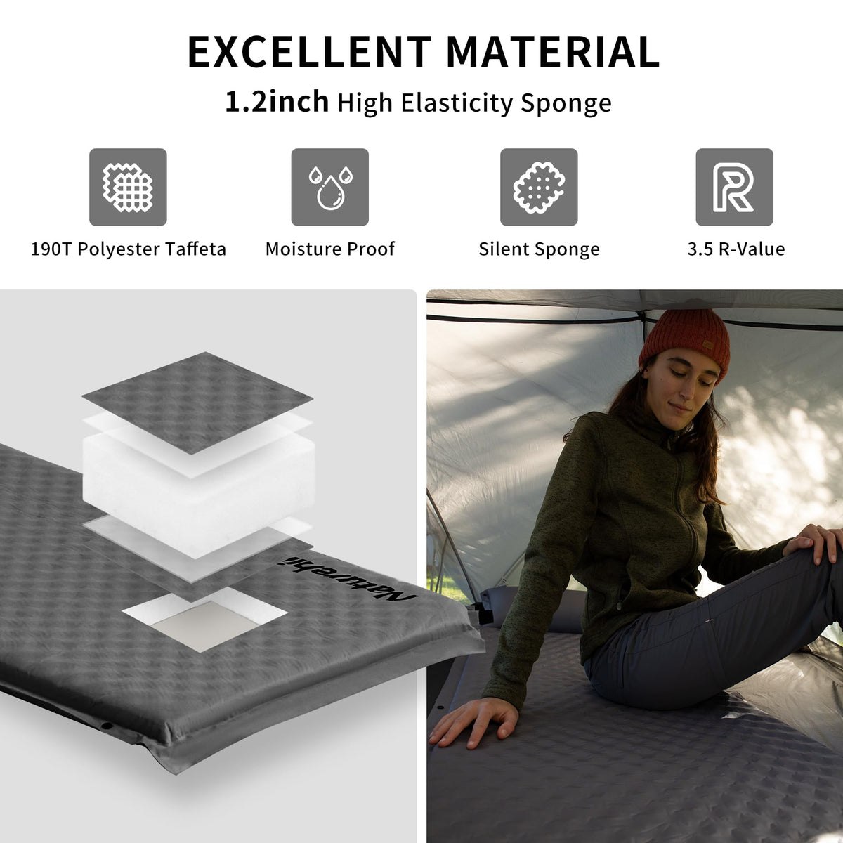 Naturehike Sleeping Pad, 1.2 inch Thick Self Inflating Sleeping Pad for Camping,
