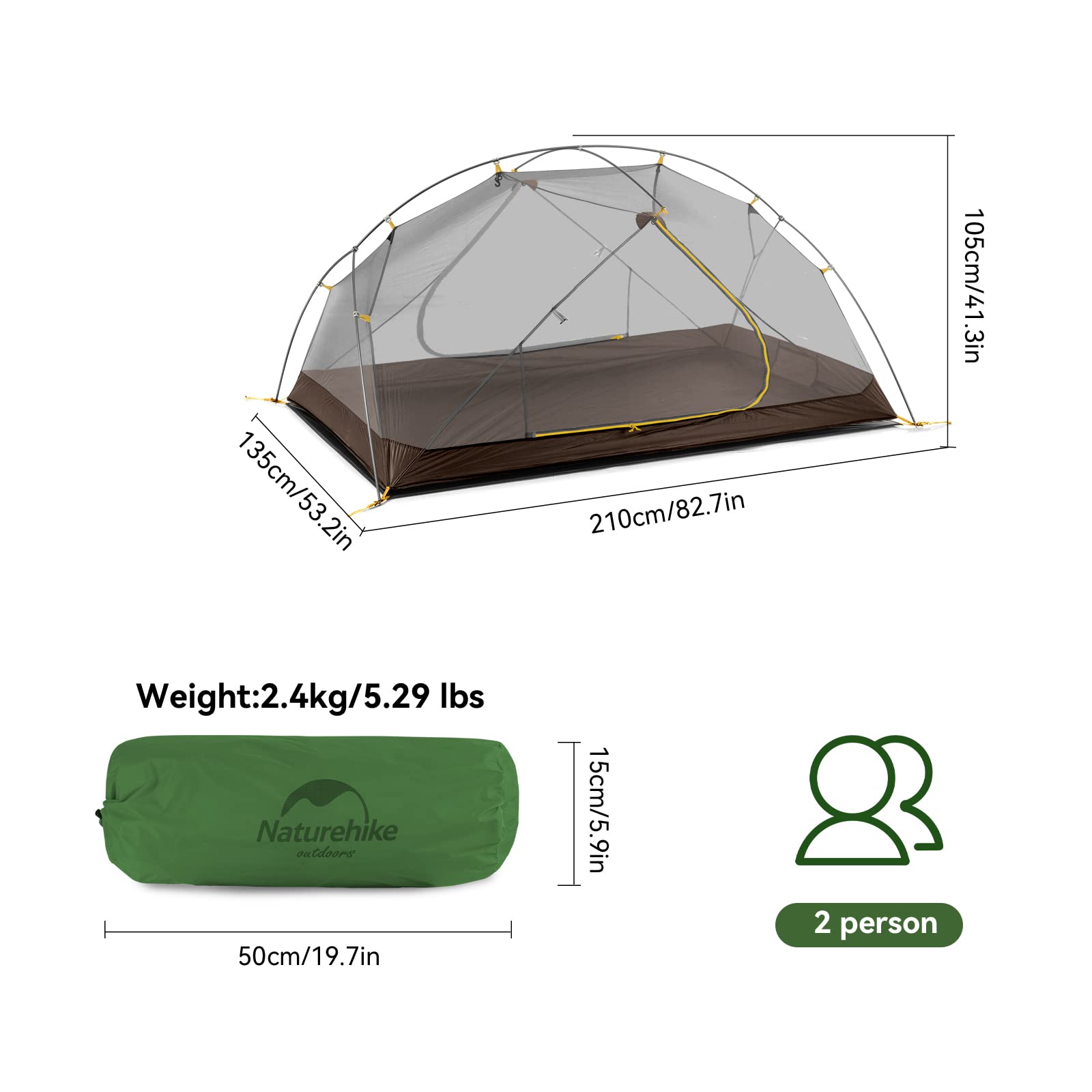 Naturehike Mongar Backpacking Camping Tent 2 Person Lightweight 3 Season Waterpr