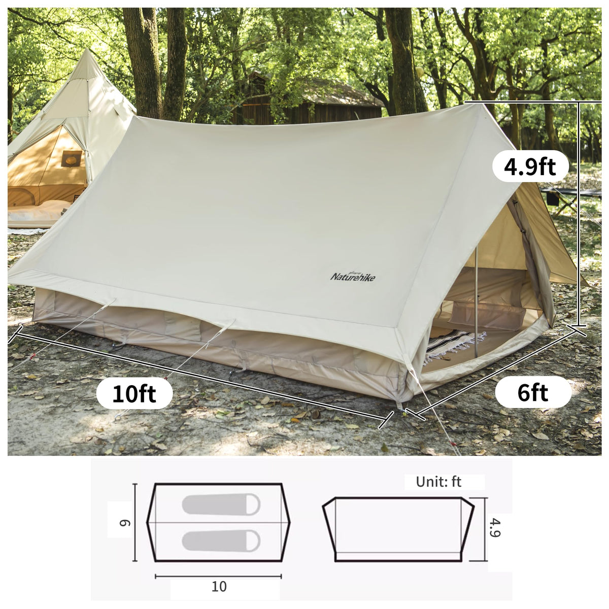 Naturehike Extend 2 Person Canvas Tent, Breathable 4 Season Tent, Glamping Cotto