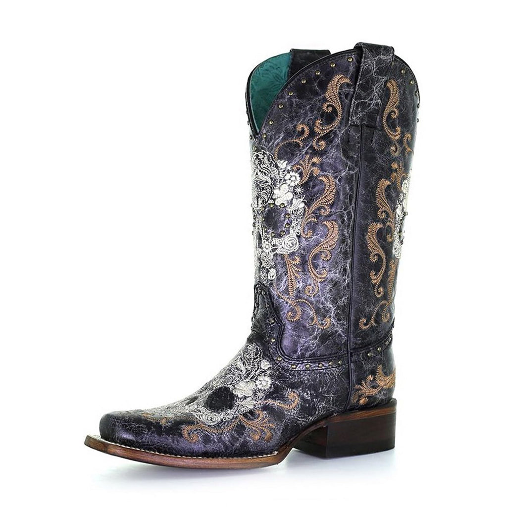 Corral Boots Women's Black and White Floral Sugar Skull Embroidery & Studs Squar