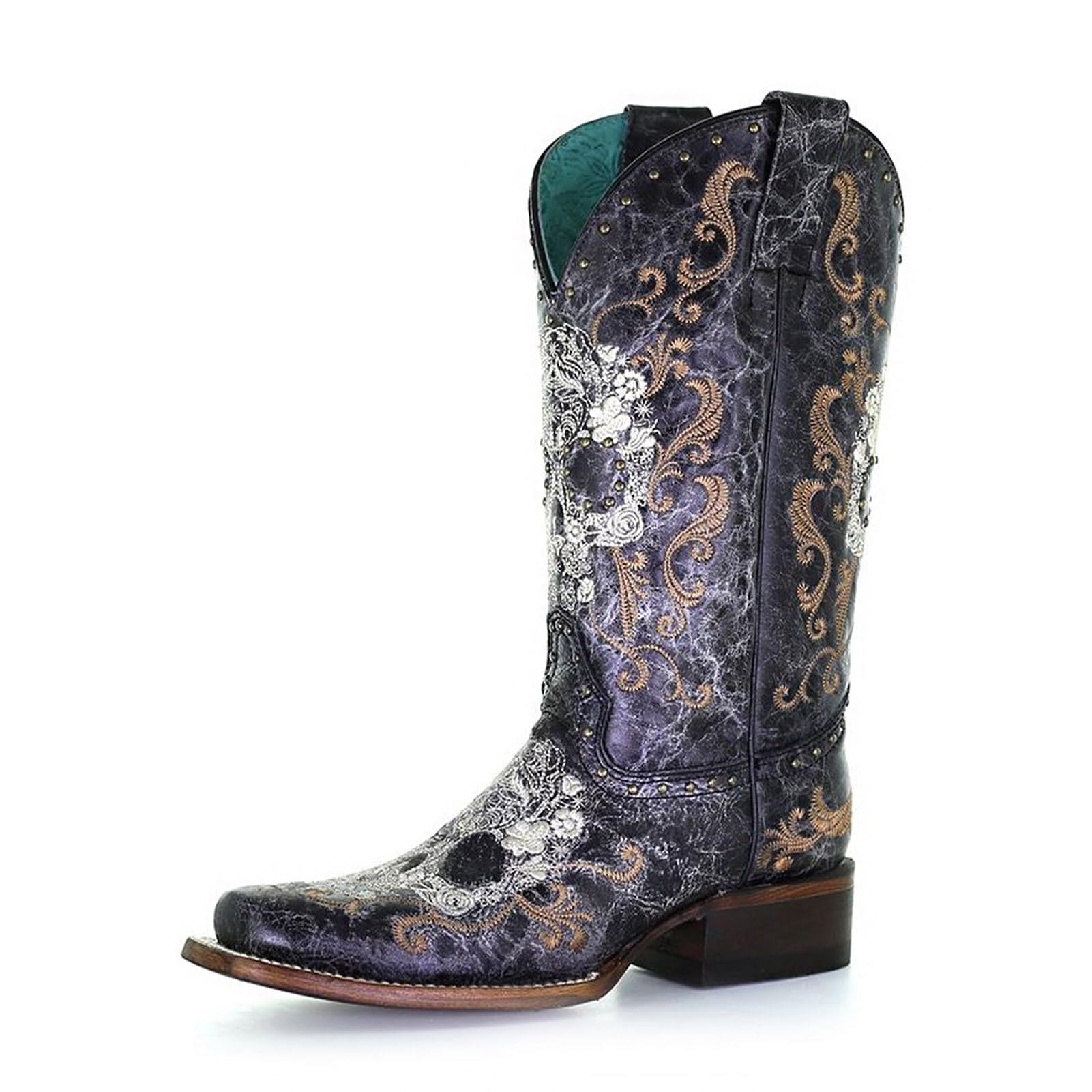 Corral Boots Women's Black and White Floral Sugar Skull Embroidery & Studs Squar