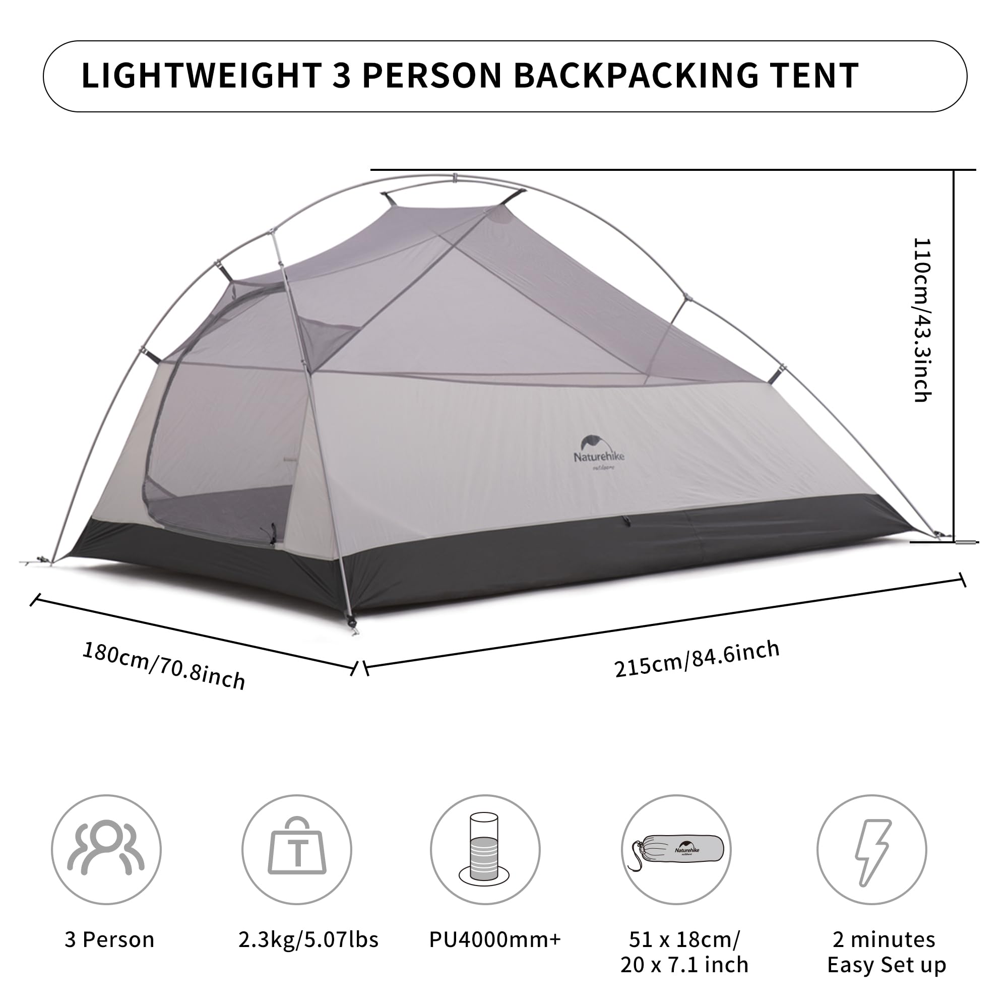 Naturehike Cloud-Up 3 Person Tent Lightweight Backpacking Tent with Footprint -