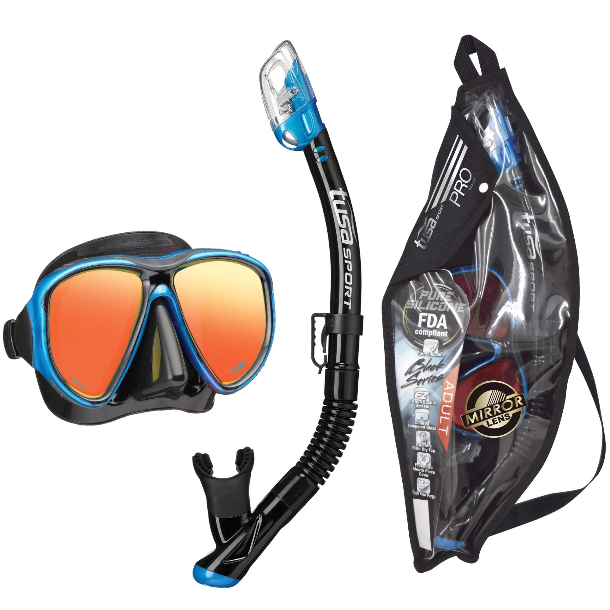 TUSA Sport Adult Powerview Mask and Dry Snorkel Combo, Black/Fishtail Blue Mirro