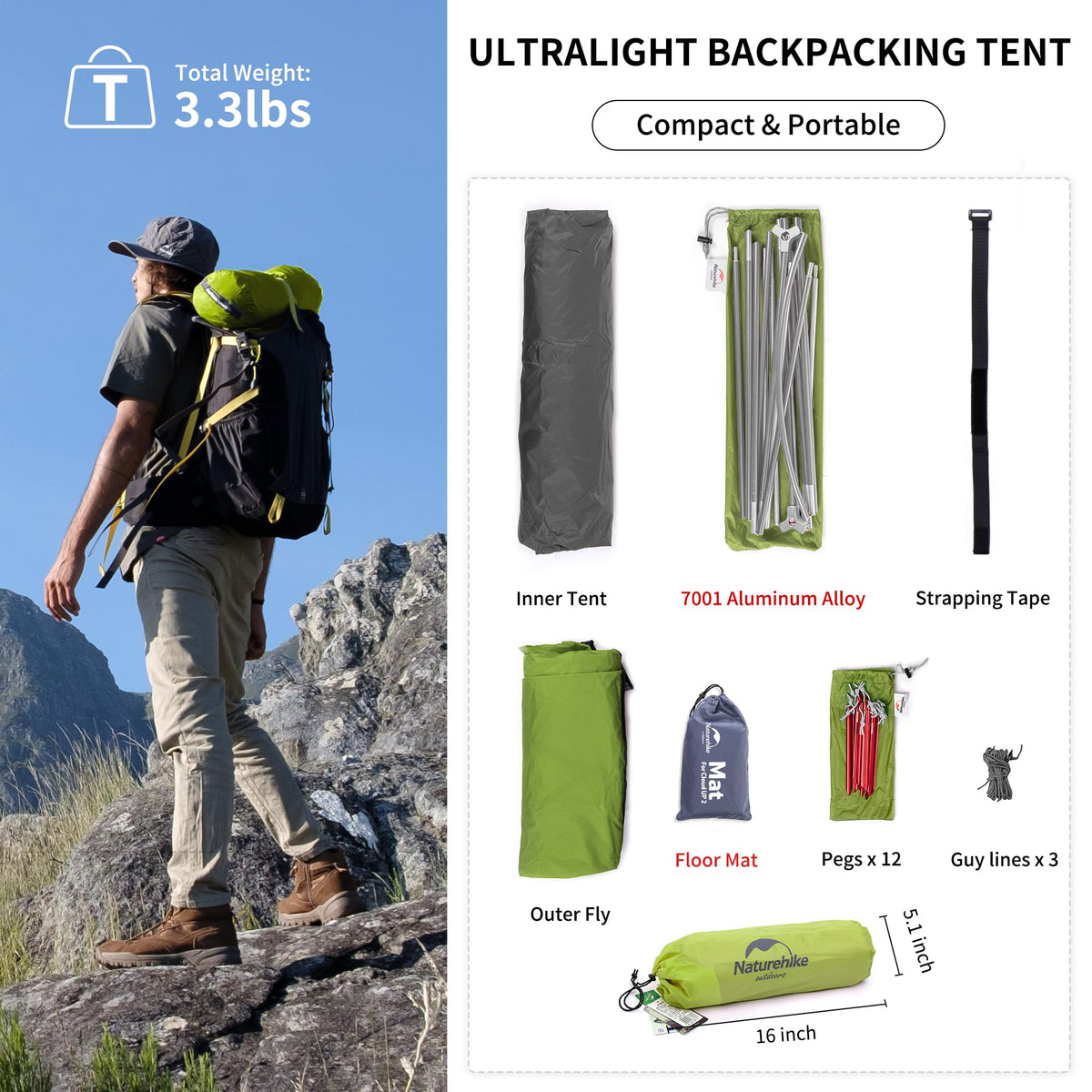 Naturehike Cloud-Up 1 Person Tent Lightweight Backpacking Tent for One Man, Wate
