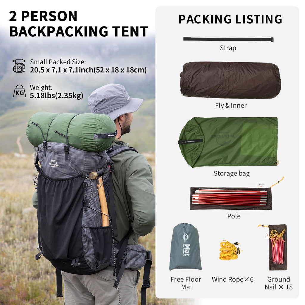 Naturehike Opalus Tunnel Backpacking Tent for 2-3 Person, 2 Person 3 Person Back, view 6