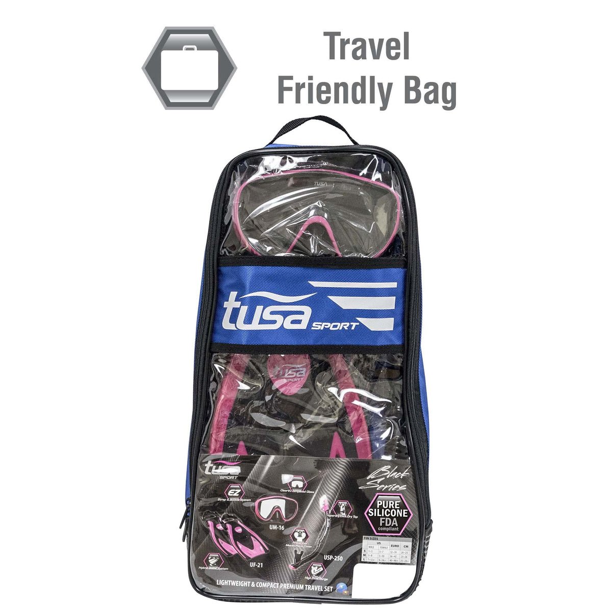 TUSA Sport Adult Serene Mask, Dry Snorkel, and Fin Travel Set, Black/Hot Pink, M