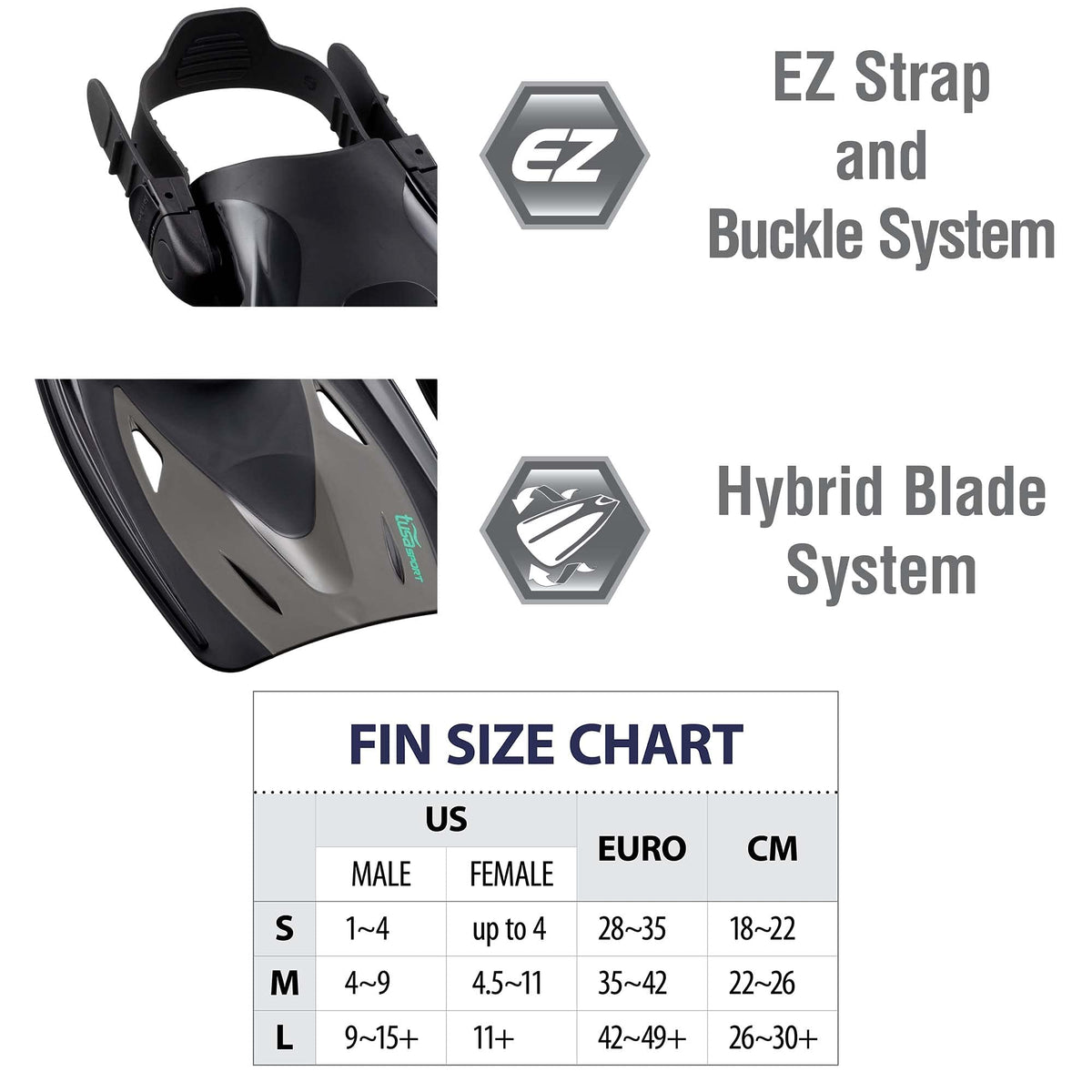 TUSA Sport Adult Powerview Mask, Dry Snorkel, and Fins Travel Set, Large, Black/