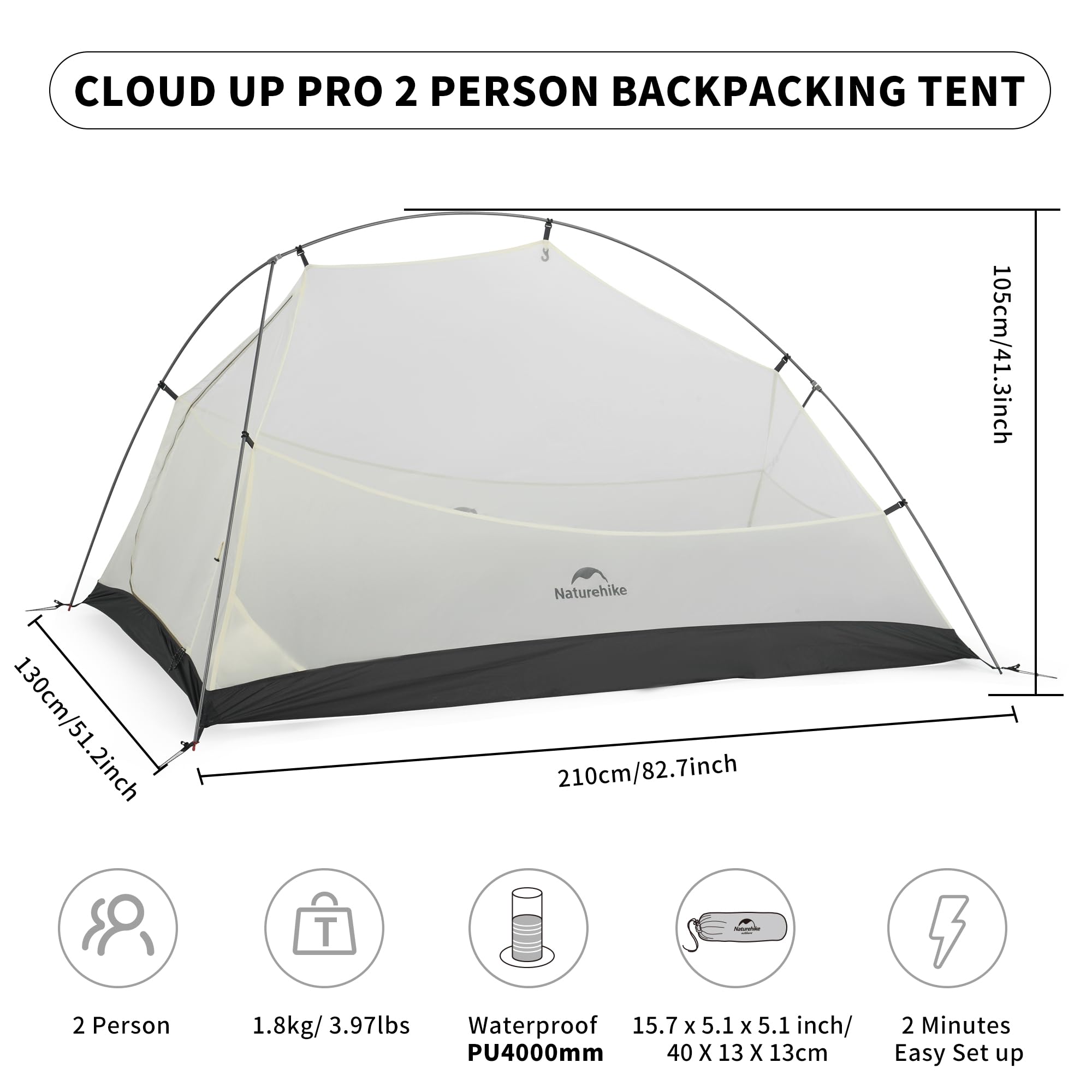 Naturehike Cloud up Pro 2 Person Tent, Double Layer Waterproof Two Person Tent,U