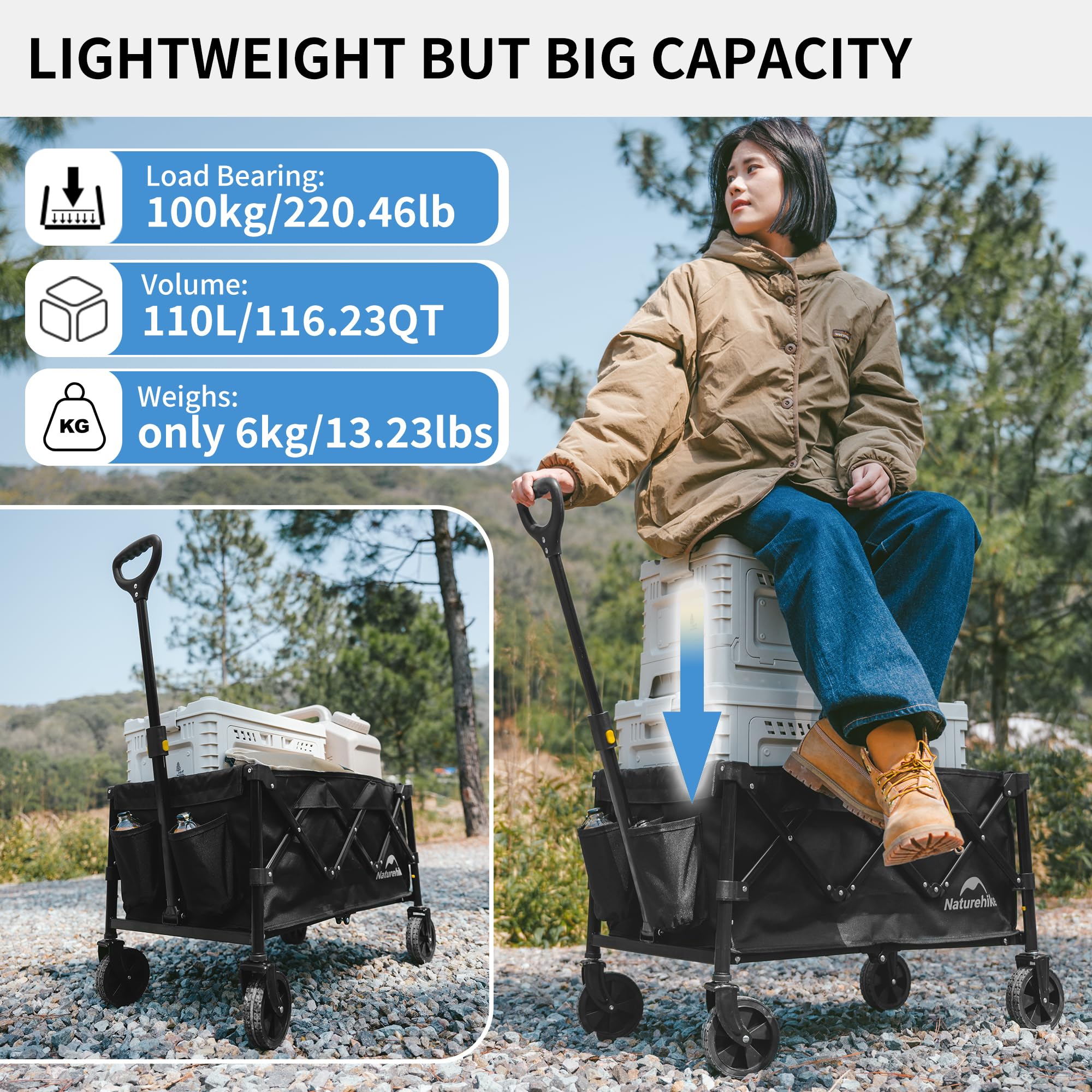 Naturehike Collapsible Folding Wagon, 110L Outdoor Foldable Utility Cart with Cu