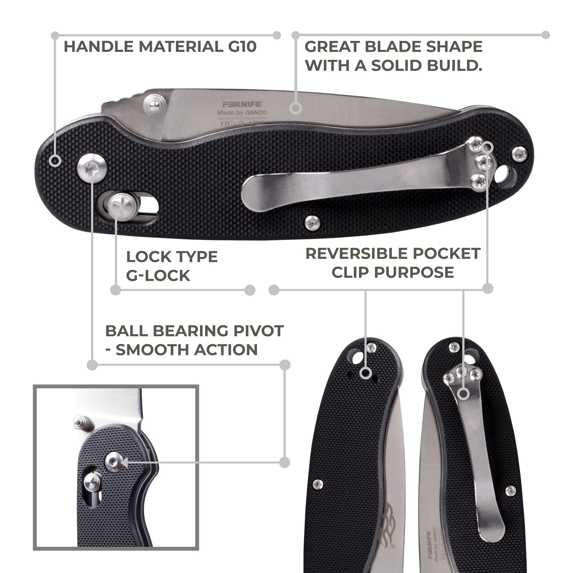 Firebird GANZO FB727S-BK Folding Pocket Knife 440C Stainless