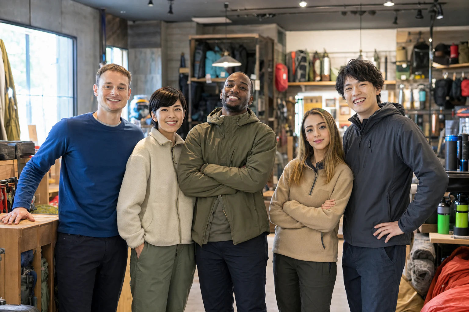 Five retail team members standing together in a modern outdoor equipment store