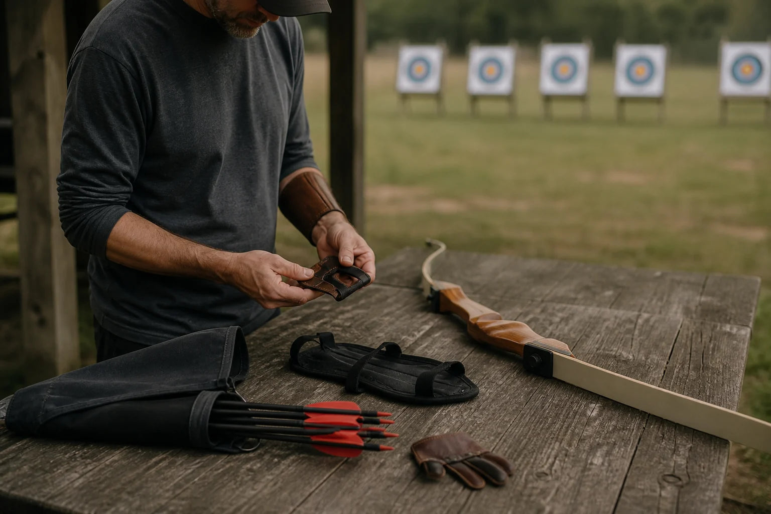 Archery bow, arrows and protective gear arranged at an outdoor range