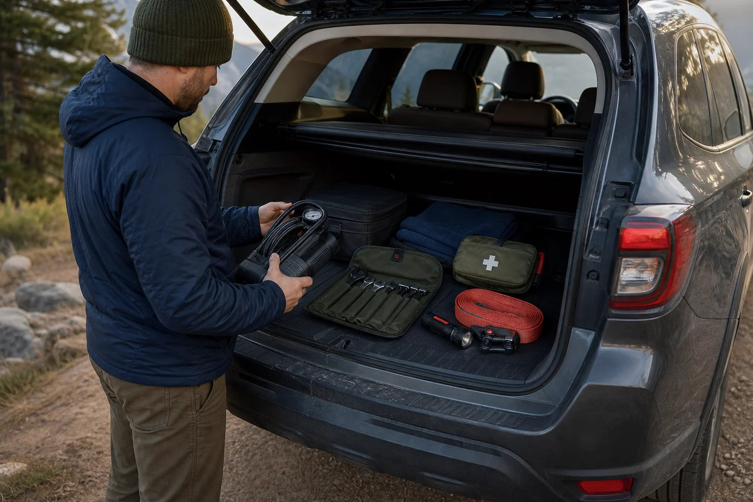 Useful vehicle accessories arranged beside an adventure-ready SUV