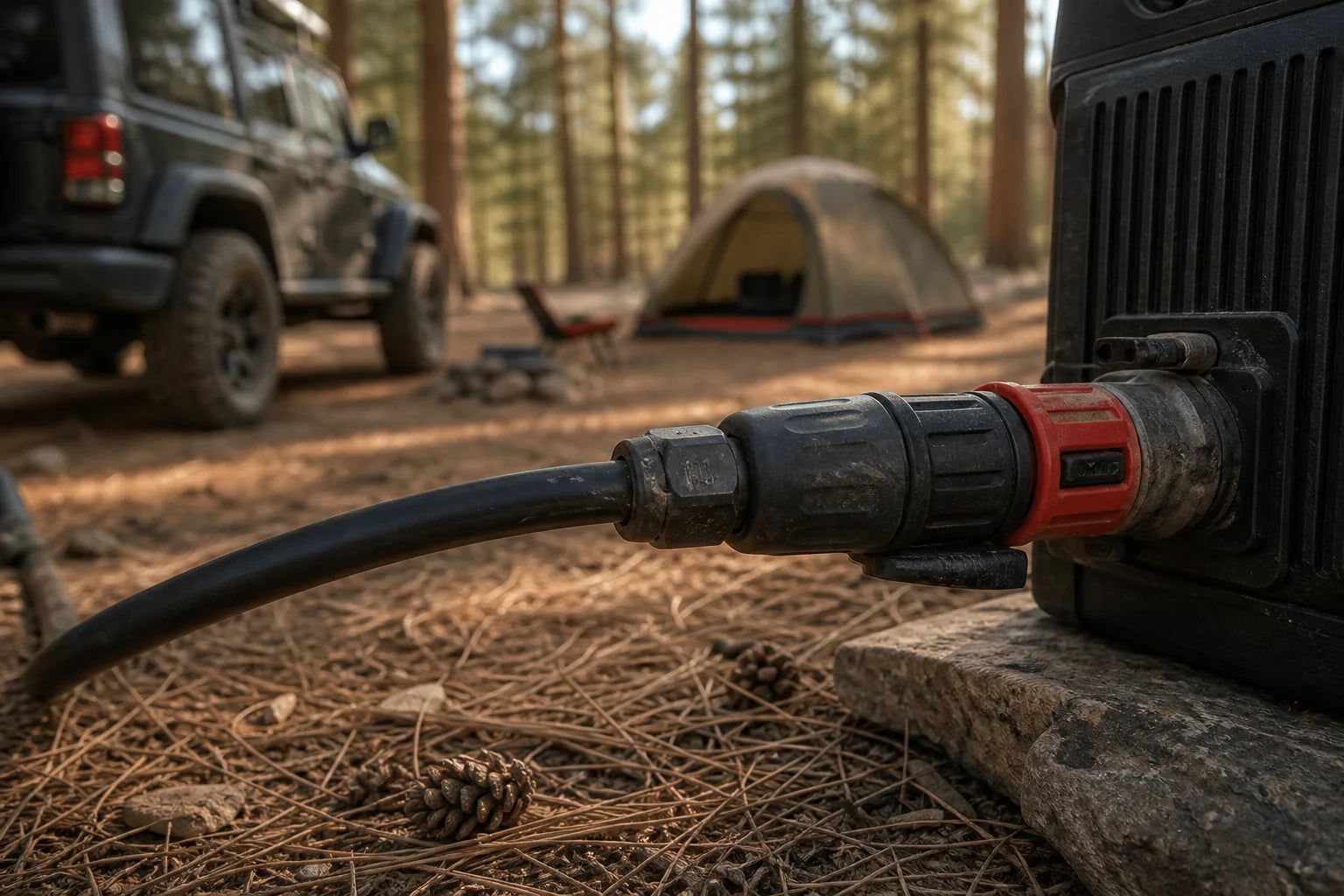 Durable automotive connectors in use at a relaxed campsite