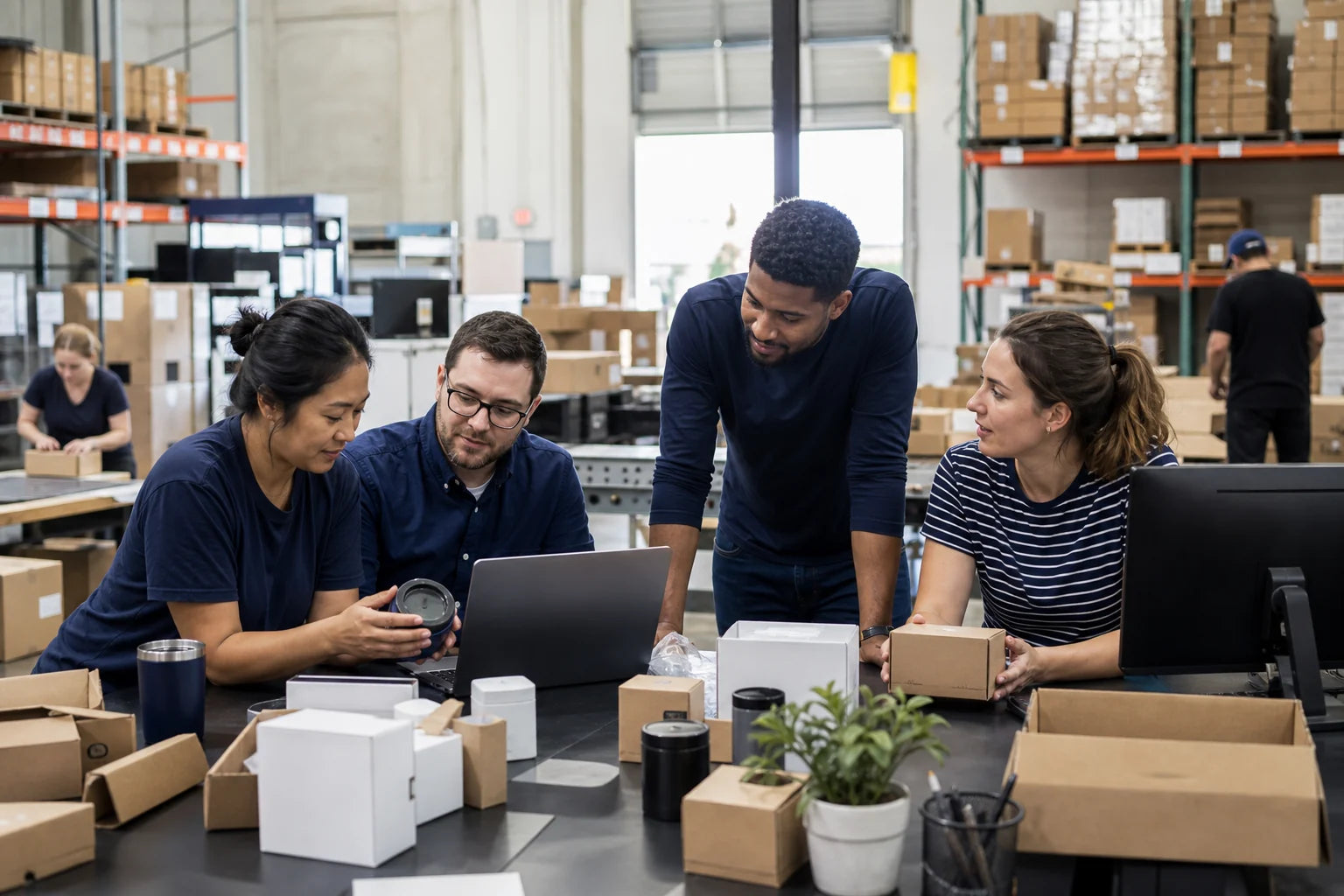 A small wholesale team working together in an active warehouse