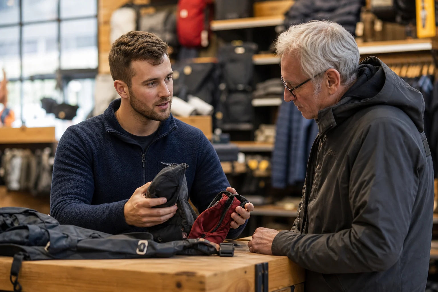 Customer care specialist helping a shopper choose outdoor equipment