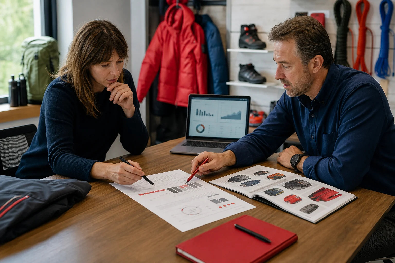 Retail pricing and brand planning documents reviewed at a meeting table