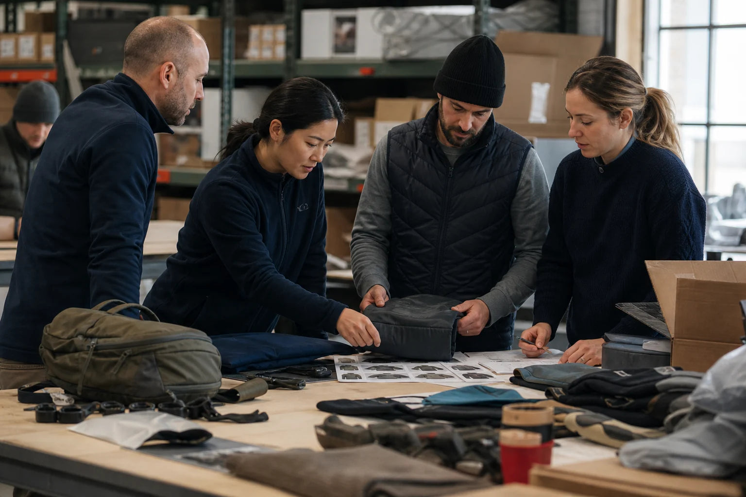 Business partners discussing outdoor products in a bright showroom