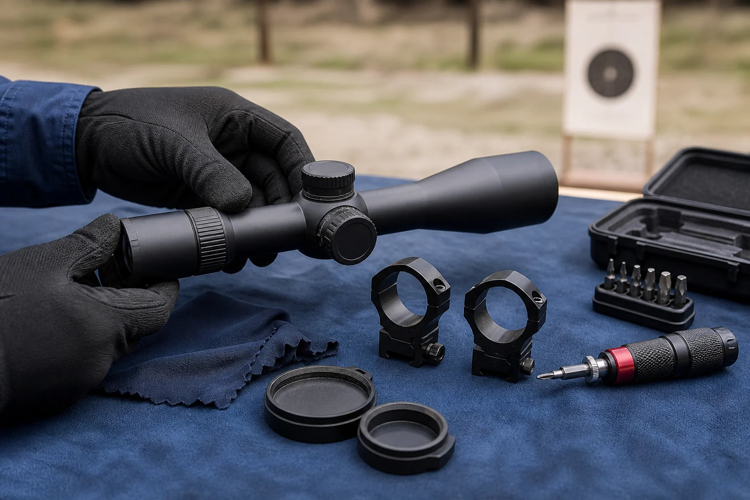 Precision sporting optics arranged on a clean range workbench