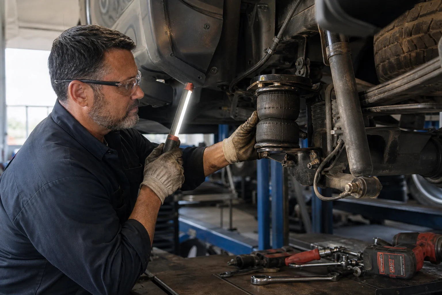 Vehicle suspension components being inspected in a workshop